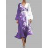 Robe en mousseline de soie à motif floral contrasté, ceinture, col plongeant, manches longues, robe de vacances trapèze - Pourpre M | US 6