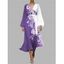Robe en mousseline de soie à motif floral contrasté, ceinture, col plongeant, manches longues, robe de vacances trapèze - Pourpre M | US 6
