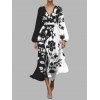 Robe en mousseline de soie à motif floral contrasté, ceinture, décolleté plongeant, manches longues, coupe trapèze, tenue de vacances - Noir XL | US 12
