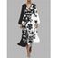 Robe en mousseline de soie à motif floral contrasté, ceinture, décolleté plongeant, manches longues, coupe trapèze, tenue de vacances - Noir XL | US 12
