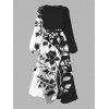 Robe en mousseline de soie à motif floral contrasté, ceinture, décolleté plongeant, manches longues, coupe trapèze, tenue de vacances - Noir XL | US 12