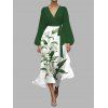Robe en mousseline de soie à motif de feuilles de lys et de fleurs, ceinture de couleur contrastée, col plongeant, manches longues, robe de vacances trapèze - Vert profond S | US 4