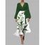 Robe en mousseline de soie à motif de feuilles de lys et de fleurs, ceinture de couleur contrastée, col plongeant, manches longues, robe de vacances trapèze - Vert profond S | US 4