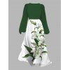 Robe en mousseline de soie à motif de feuilles de lys et de fleurs, ceinture de couleur contrastée, col plongeant, manches longues, robe de vacances trapèze - Vert profond S | US 4
