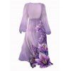 Robe en mousseline de soie à motif de fleurs de lotus, ceinture, décolleté plongeant, manches longues, coupe trapèze, robe de vacances - Pourpre S | US 4
