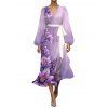 Robe en mousseline de soie à motif de fleurs de lotus, ceinture, décolleté plongeant, manches longues, coupe trapèze, robe de vacances - Pourpre S | US 4