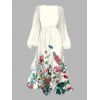 Robe en mousseline de soie à motif de fleurs, de feuilles et de papillons, avec ceinture, décolleté plongeant, manches longues, coupe trapèze, pour les vacances - Beige M | US 6
