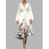 Robe en mousseline de soie à motif de fleurs, de feuilles et de papillons, avec ceinture, décolleté plongeant, manches longues, coupe trapèze, pour les vacances - Beige M | US 6