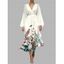 Robe en mousseline de soie à motif de fleurs, de feuilles et de papillons, avec ceinture, décolleté plongeant, manches longues, coupe trapèze, pour les vacances - Beige M | US 6
