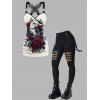 Gothic Women Outfit Owl Rose Leaf Pattern Butterfly Lace Ruched Surplice Tank Top and Hollow Out Grommet Chain Embellishment Skinny Pants Matching Outfit - Noir S | US 4