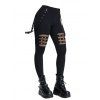 Gothic Women Outfit Owl Rose Leaf Pattern Butterfly Lace Ruched Surplice Tank Top and Hollow Out Grommet Chain Embellishment Skinny Pants Matching Outfit - Noir S | US 4