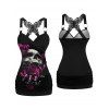 Gothic Women Outfit Rose Skulls Pattern Butterfly Lace Ruched Long Tank Top and Hollow Out Buckle Strap Skinny Pants Holiday Matching Outfit - Noir S | US 4
