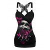 Gothic Women Outfit Rose Skulls Pattern Butterfly Lace Ruched Long Tank Top and Hollow Out Buckle Strap Skinny Pants Holiday Matching Outfit - Noir S | US 4
