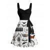 Gothic Couple Outfit Contrast Color Skull Pumpkin Butterfly Clock Witch Letter Pattern Ruched Bust Belt Dress and Button Up Shirt Halloween Matching Outfit - Noir S | US 4
