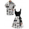 Gothic Couple Outfit Contrast Color Skull Pumpkin Butterfly Clock Witch Letter Pattern Ruched Bust Belt Dress and Button Up Shirt Halloween Matching Outfit - Noir S | US 4
