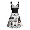 Gothic Couple Outfit Contrast Color Skull Pumpkin Butterfly Clock Witch Letter Pattern Ruched Bust Belt Dress and Button Up Shirt Halloween Matching Outfit - Noir S | US 4
