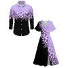 Vacation Couple Outfit Colorblock Flower Pattern Slit Half Flare Sleeve Dress and Long Sleeve Button Up Shirt Casual Matching Outfit - Pourpre S | US 4