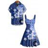 Vacation Couple Outfit Flower Geometric Printed Ruched Bust Sweetheart Neck A Line Mini Dress and Button Up Shirt Casual Matching Outfit - Bleu profond S | US 4
