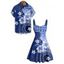 Vacation Couple Outfit Flower Geometric Printed Ruched Bust Sweetheart Neck A Line Mini Dress and Button Up Shirt Casual Matching Outfit - Bleu profond S | US 4
