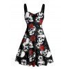 Gothic Couple Outfit Allover Skulls Rose Pattern Ruched Bust Sweetheart Neck A Line Mini Dress and Button Up Shirt Holiday Matching Outfit - Noir S | US 4