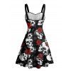 Gothic Couple Outfit Allover Skulls Rose Pattern Ruched Bust Sweetheart Neck A Line Mini Dress and Button Up Shirt Holiday Matching Outfit - Noir S | US 4