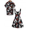 Gothic Couple Outfit Allover Skulls Rose Pattern Ruched Bust Sweetheart Neck A Line Mini Dress and Button Up Shirt Holiday Matching Outfit - Noir S | US 4