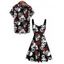 Gothic Couple Outfit Allover Skulls Rose Pattern Ruched Bust Sweetheart Neck A Line Mini Dress and Button Up Shirt Holiday Matching Outfit - Noir S | US 4