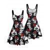 Gothic Couple Outfit Allover Skulls Rose Pattern Ruched Bust Sweetheart Neck A Line Mini Dress and Button Up Shirt Holiday Matching Outfit - Noir S | US 4