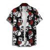 Gothic Couple Outfit Allover Skulls Rose Pattern Ruched Bust Sweetheart Neck A Line Mini Dress and Button Up Shirt Holiday Matching Outfit - Noir S | US 4