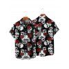 Gothic Couple Outfit Allover Skulls Rose Pattern Ruched Bust Sweetheart Neck A Line Mini Dress and Button Up Shirt Holiday Matching Outfit - Noir S | US 4