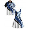 Vacation Couple Outfit Coloblock Tropical Leaf Pattern Ruched Bust Sweetheart Neck A Line Mini Dress and Button Up Shirt Casual Matching Outfit - Bleu S | US 4