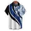 Vacation Couple Outfit Coloblock Tropical Leaf Pattern Ruched Bust Sweetheart Neck A Line Mini Dress and Button Up Shirt Casual Matching Outfit - Bleu S | US 4