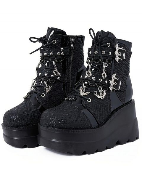 Solid Color Lace Up Bat Pendant Side Zipper Gothic Boots Thick Platform Buckle Strap Martin Boots