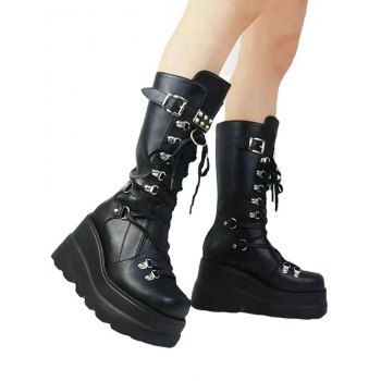 Solid Color Lace Up Rivet Boots Buckle Strap Back Zipper Thick Platform Punk Style Martin Boots