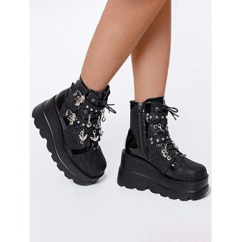 Solid Color Lace Up Bat Pendant Side Zipper Gothic Boots Thick Platform Buckle Strap Martin Boots