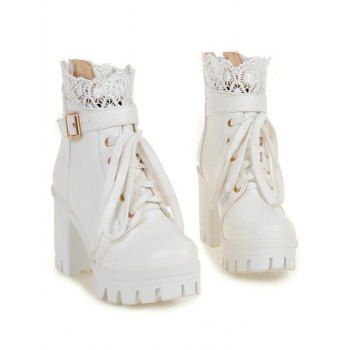 Solid Color Lace Panel Lace Up Buckle Strap Boots Chunky Heel Back Zipper Martin Boots