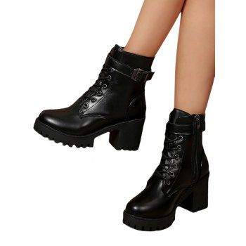 Lace Up Side Zipper Solid Color Boots Chunky Heel Buckle Strap Martin Boots