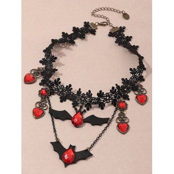 Heart Pendant Bat Artificial Gem Lace Choker Gothic Necklace