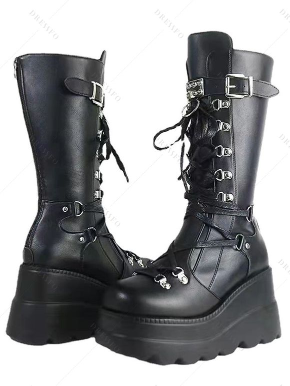 Solid Color Lace Up Rivet Boots Buckle Strap Back Zipper Thick Platform Punk Style Martin Boots - Noir EU 38