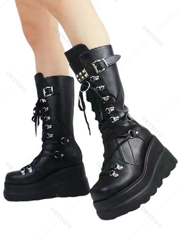 Solid Color Lace Up Rivet Boots Buckle Strap Back Zipper Thick Platform Punk Style Martin Boots - Noir EU 37