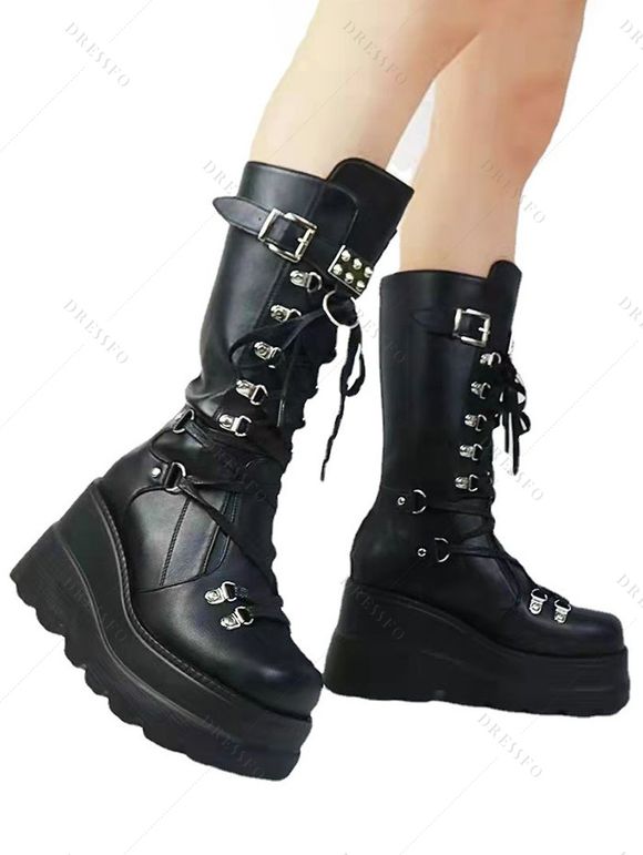 Solid Color Lace Up Rivet Boots Buckle Strap Back Zipper Thick Platform Punk Style Martin Boots - Noir EU 37