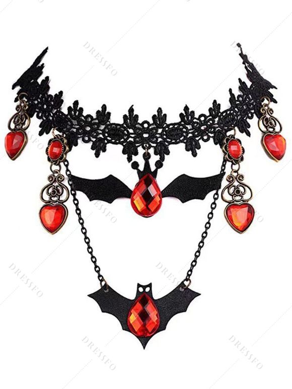Collier ras du cou gothique en dentelle avec pendentif en forme de cœur et chauve-souris - Noir 