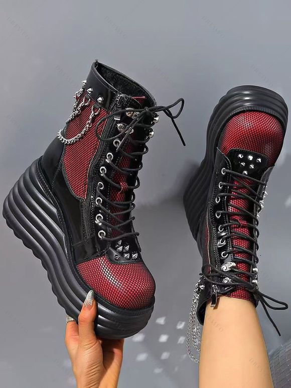 Lace Up Side Zipper Colorblock Rivet Gothic Boots Thick Platform Chain Embellishment Martin Boots - Noir EU 37