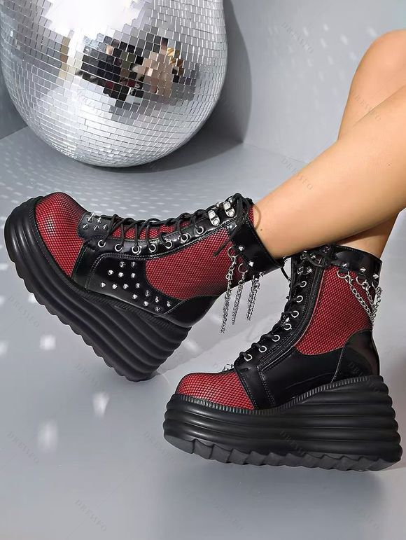 Lace Up Side Zipper Colorblock Rivet Gothic Boots Thick Platform Chain Embellishment Martin Boots - Noir EU 37