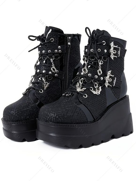 Solid Color Lace Up Bat Pendant Side Zipper Gothic Boots Thick Platform Buckle Strap Martin Boots - Noir EU 43