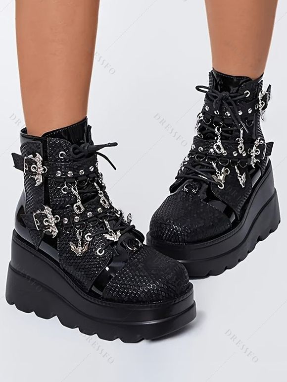 Solid Color Lace Up Bat Pendant Side Zipper Gothic Boots Thick Platform Buckle Strap Martin Boots - Noir EU 37