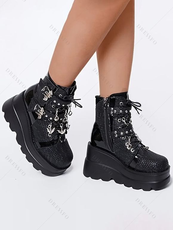 Solid Color Lace Up Bat Pendant Side Zipper Gothic Boots Thick Platform Buckle Strap Martin Boots - Noir EU 37