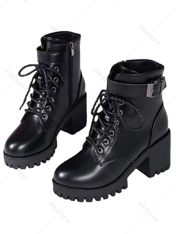Lace Up Side Zipper Solid Color Boots Chunky Heel Buckle Strap Martin Boots - Noir EU 42