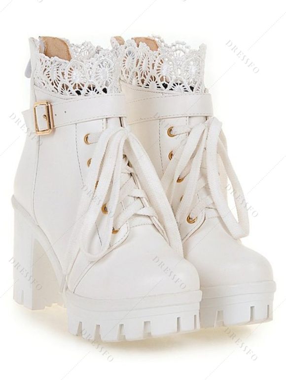 Solid Color Lace Panel Lace Up Buckle Strap Boots Chunky Heel Back Zipper Martin Boots - Blanc EU 38