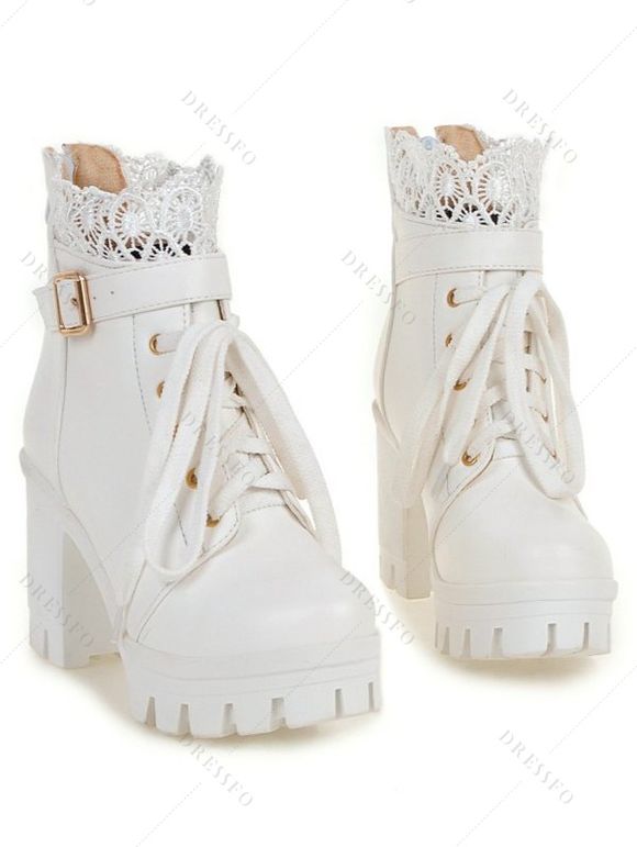 Solid Color Lace Panel Lace Up Buckle Strap Boots Chunky Heel Back Zipper Martin Boots - Blanc EU 37